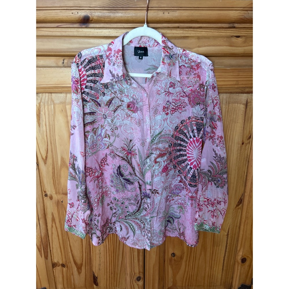 Shana Pink Paisley Floral Viscose Silk Button Down Blouse Roll Tab Sleeve M